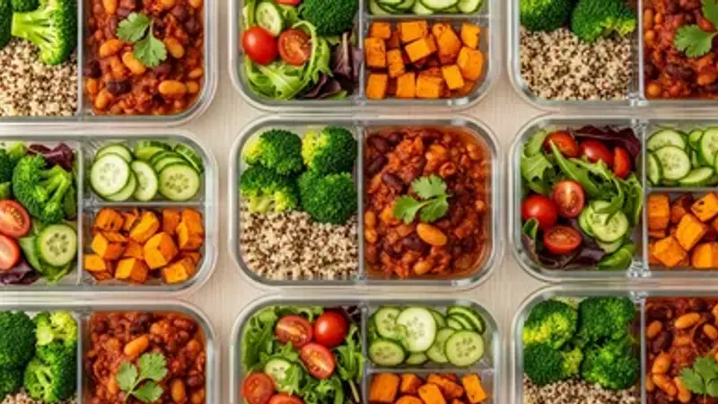 Batch-cooked plant-based meal components in glass containers: brown rice, roasted sweet potato, and black beans