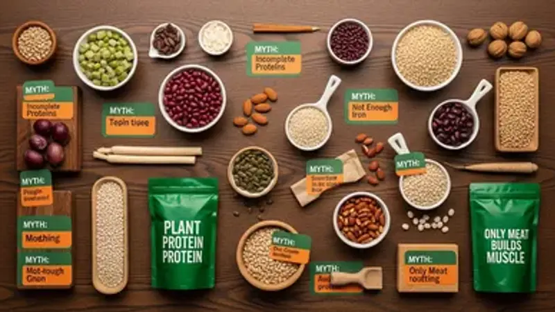 High-protein plant foods displayed together: firm tofu, tempeh, a bowl of lentils, chickpeas, and edamame pods