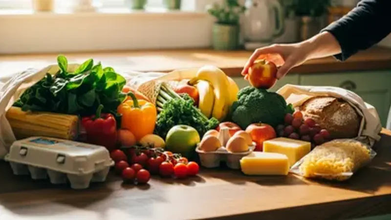 A grocery basket filled with colorful fresh plant-based foods: kale, carrots, eggplant, tomatoes, bananas, tofu, and whole grain bread