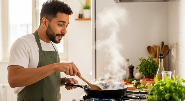 Luca cooking a plant-based meal in the kitchen.
