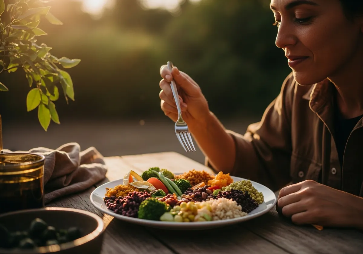 People enjoying a plant-forward outdoor meal together.